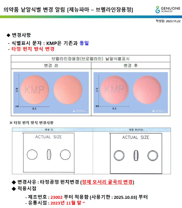 브멜라인장용정 낱알식별 변경 알림.JPG